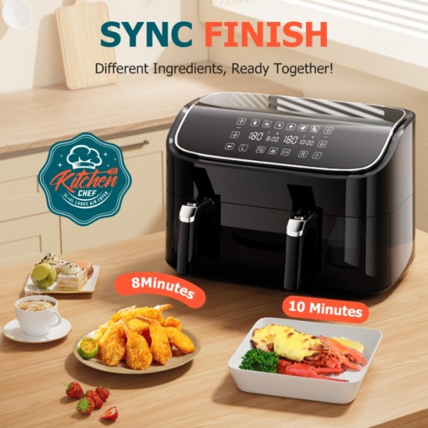 9L Dual Air Fryer, 3L+6L XL Capacity Dual Zone Digital Air Fryer, 2 Drawers, Non-Stick, Sync-Finish, 6L for Whole Chicken, 6 in 1 Cooking Presets, Healthier & Less Oil, Energy-Saving, Dishwasher-Safe